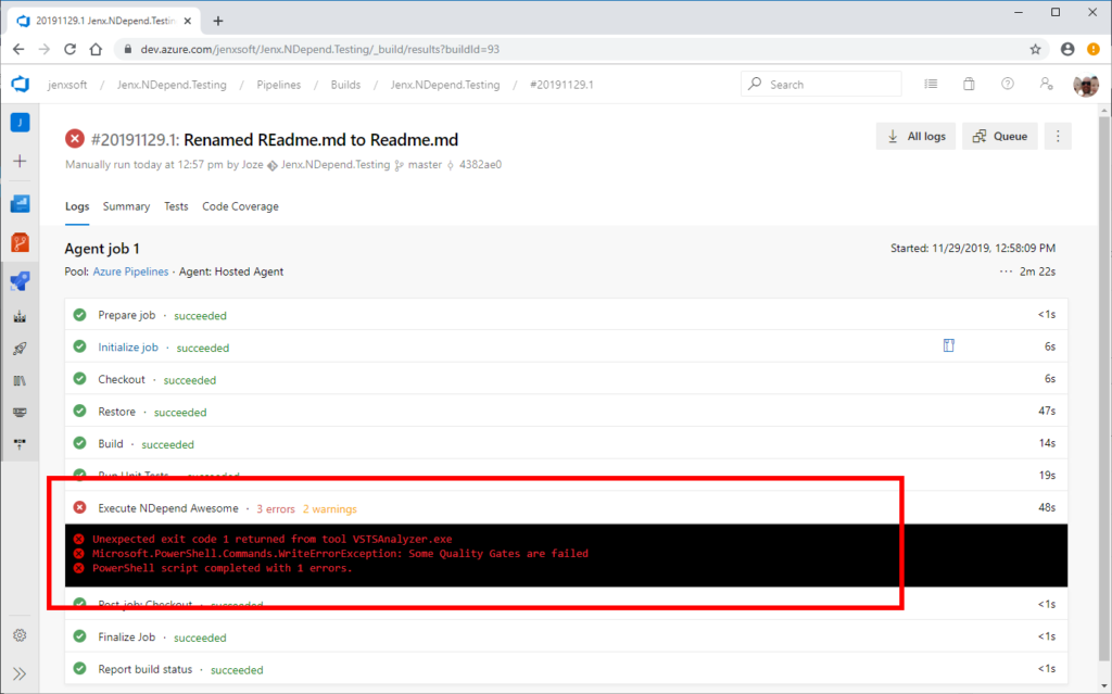 ndepend stop build at quality gate fail